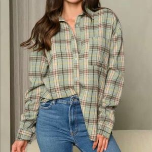 Sage Plaid Button Down Top